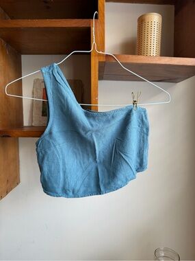 Linen Blend One-Shoulder Crop Top (Dusty Blue | XS)